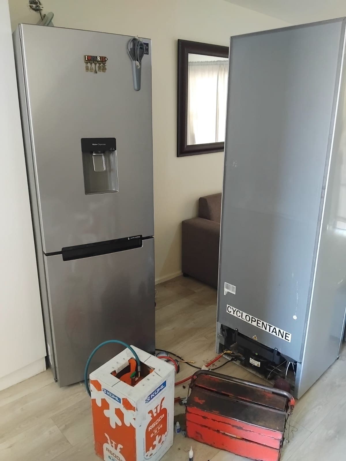 TF Refrigerations technician's equipment set up for an on-site fridge repair